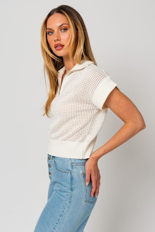 ZIP UP OPEN SWEATER TOP - WHITE