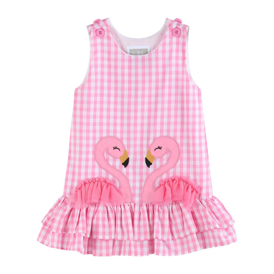 PINK GINGHAM FLAMINGO TULLE RUFFLE DRESS