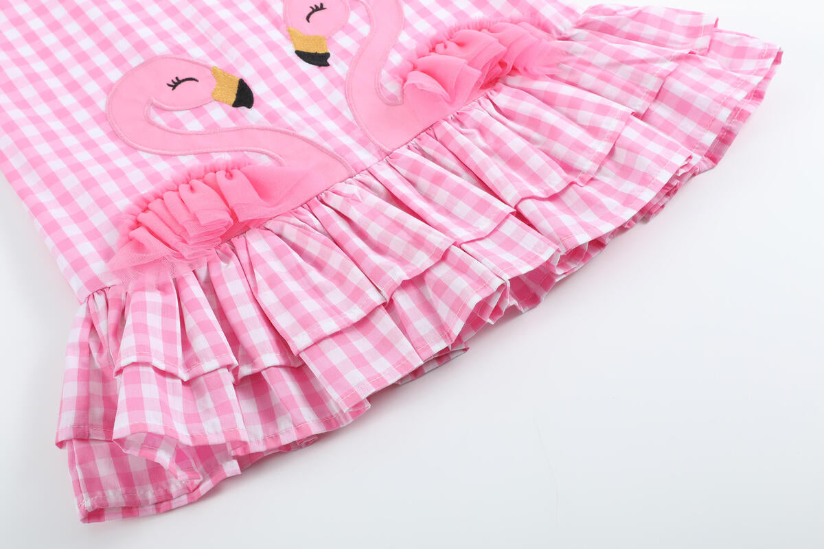 PINK GINGHAM FLAMINGO TULLE RUFFLE DRESS