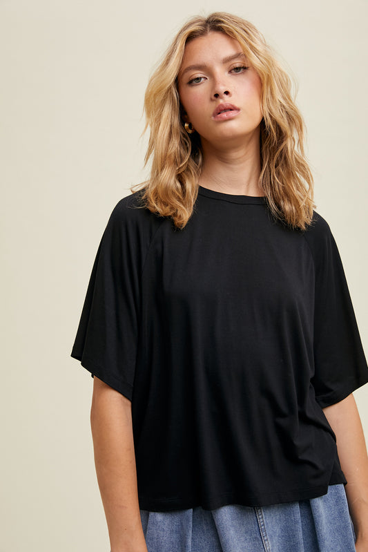 BOXY DROP SHOULDER KNIT TOP - BLACK