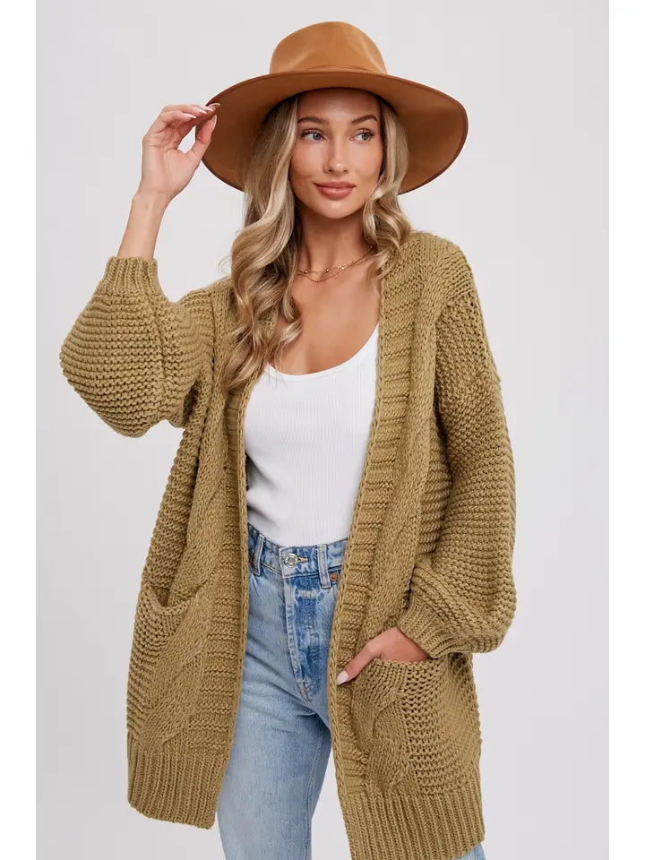 CHUNKY CABLE SLEEVE CARDIGAN - OLIVE