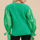 BALLOON SLEEVE RIBBON TIE TOP - EMERALD