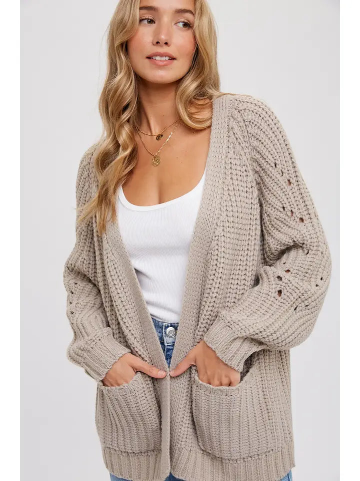 CHUNKY POINTELLE CARDIGAN - MUSHROOM