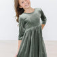 VELVET TWIRL DRESS - SAGE