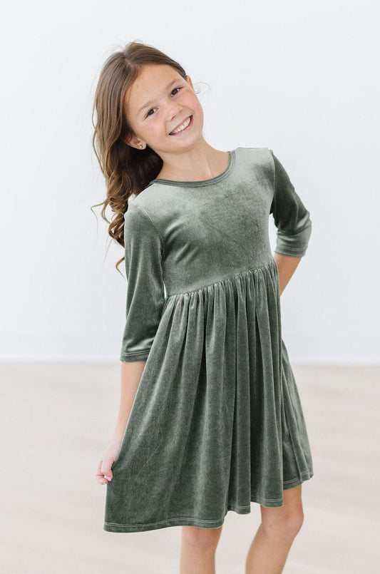 VELVET TWIRL DRESS - SAGE