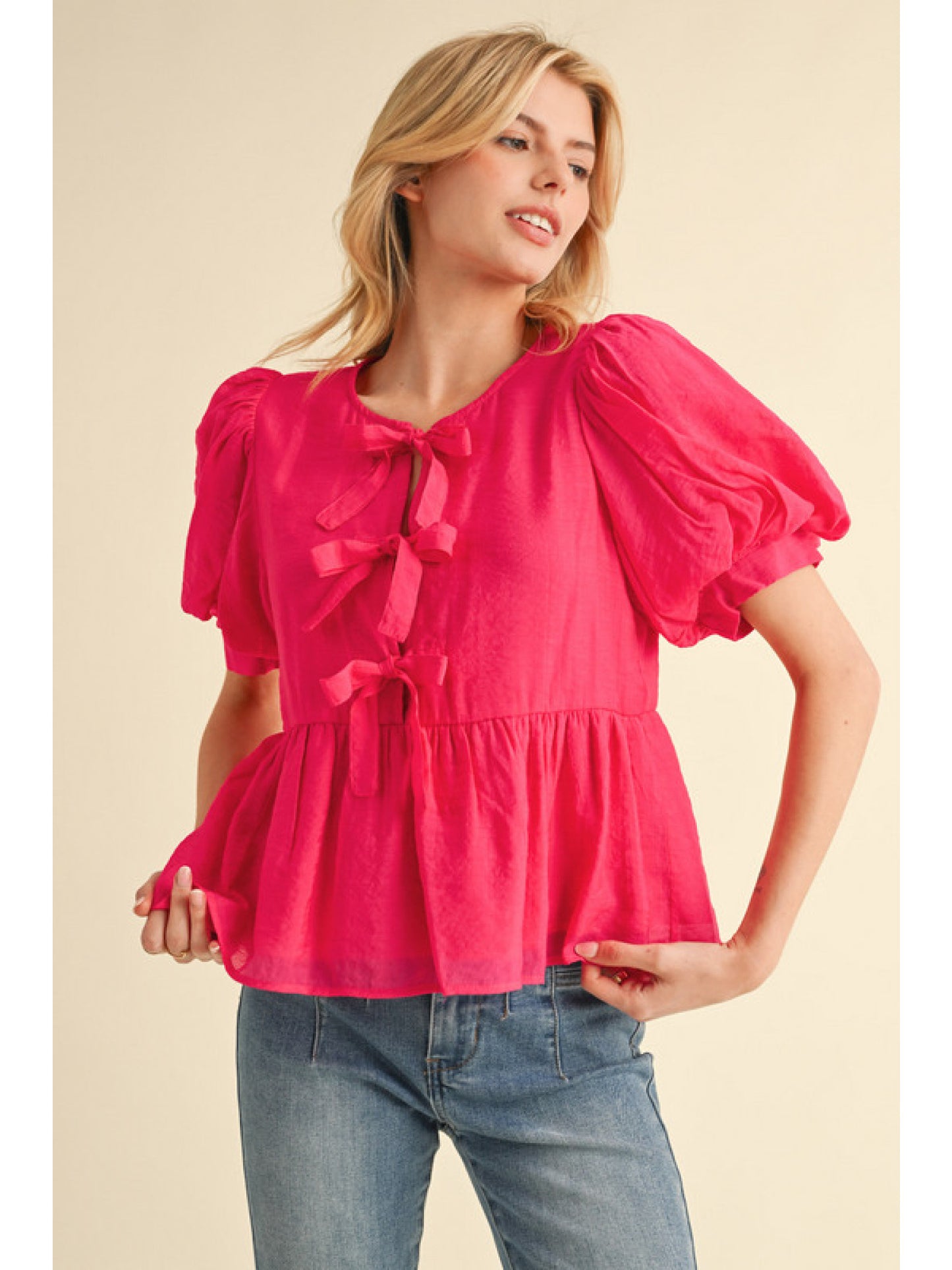 BOW TIE PEPLUM TOP - FUCHSIA