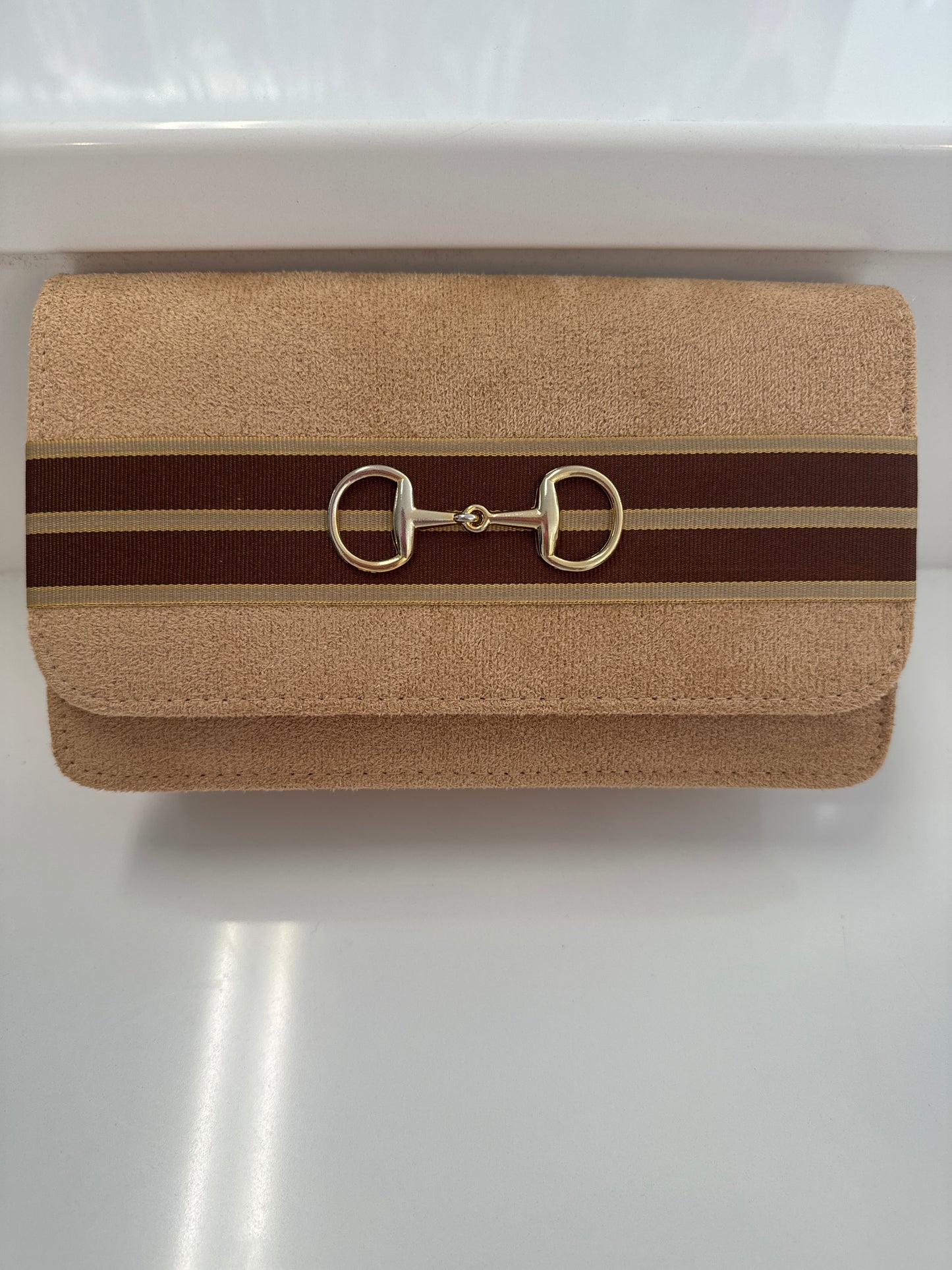 RUBY SUEDE CLUTCH W/ TAN STRIPE