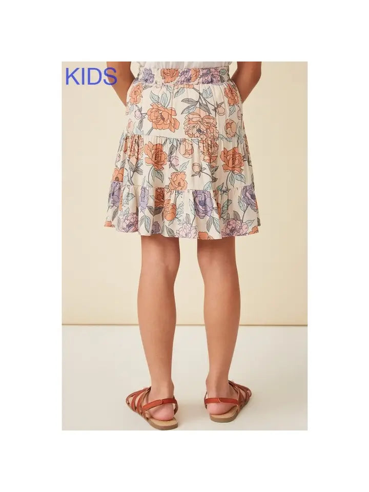 GIRLS FLORAL DRAWSTRING SKIRT WITH SHORTS - IVORY