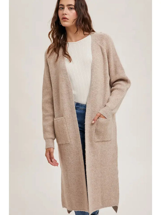 LONGLINE SIDE SLIT CARDIGAN - OATMEAL