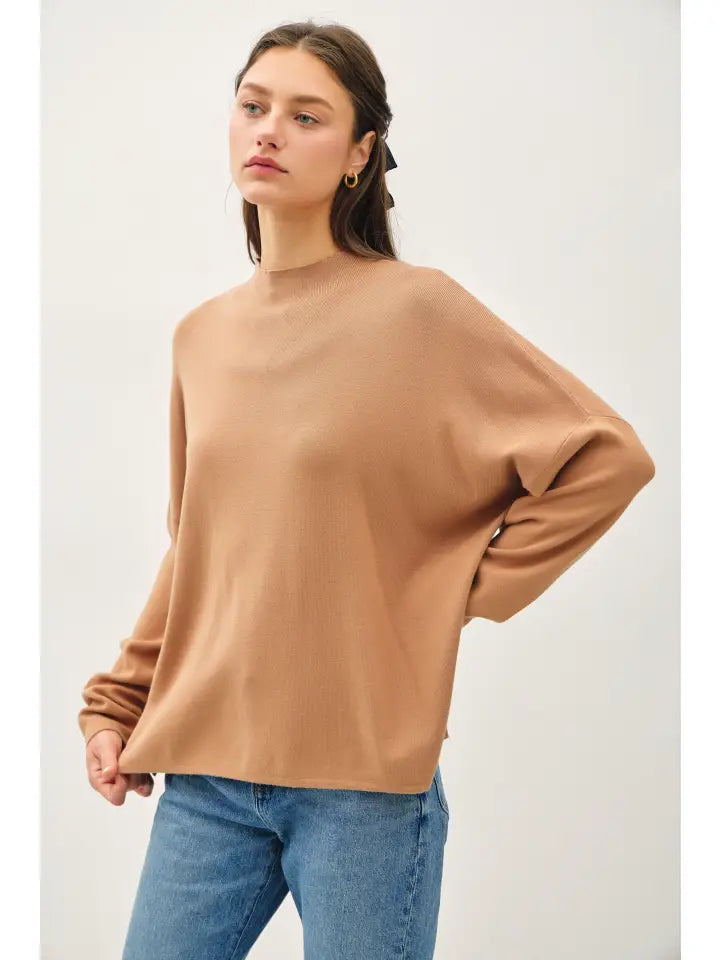 FLOWY MOCK NECK SWEATER - CAMEL