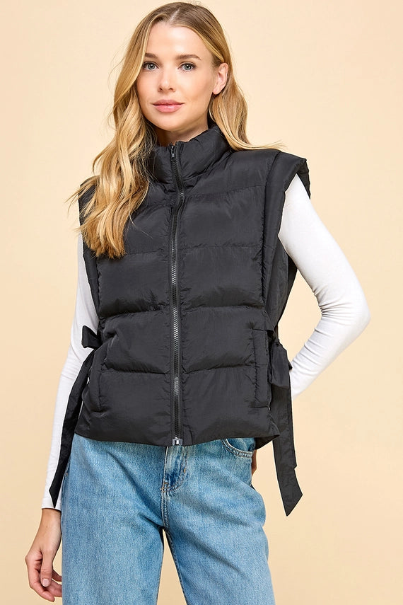 ZIPPER FRONT PUFFER VEST - BLACK