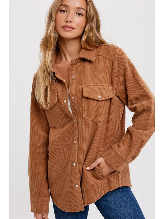 CORDUROY BUTTON DOWN SHACKET - CAMEL