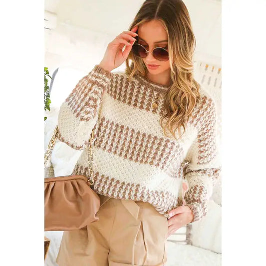 COLOR BLOCK KNITTED SWEATER TOP - MOCHA