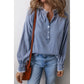 FRILLED RAW HEM HALF BUTTON DOWN DENIM TOP - SKY BLUE