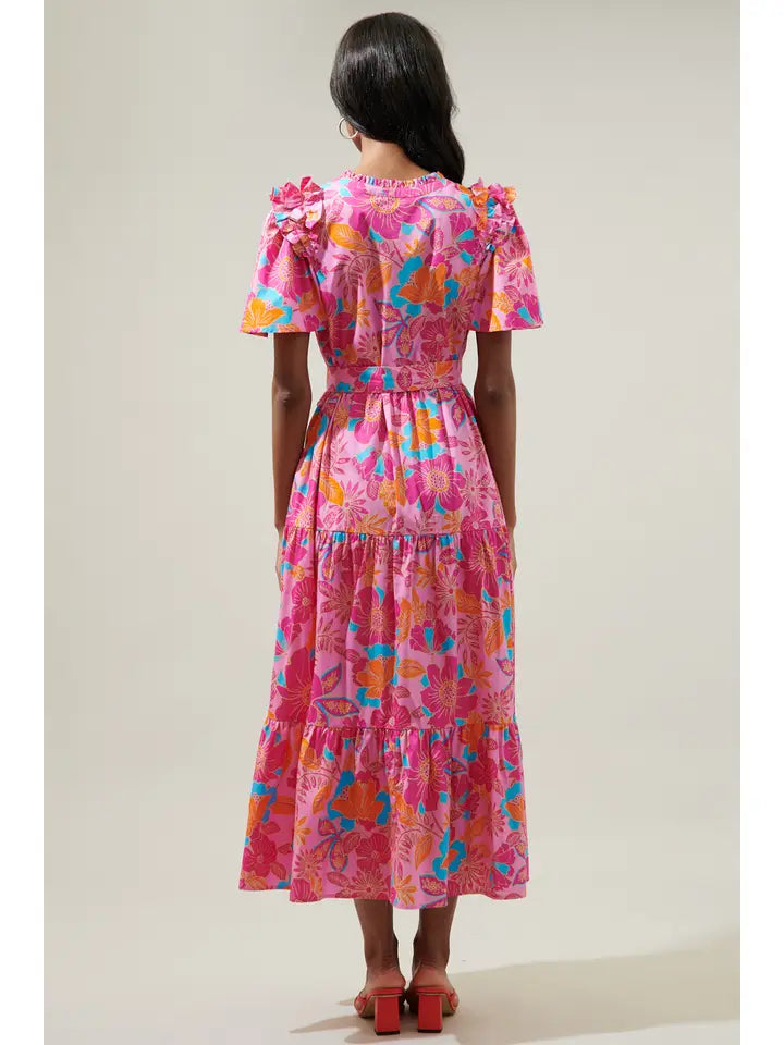 TIERED SHIFT MIDI DRESS - PINK/ORANGE/BLUE