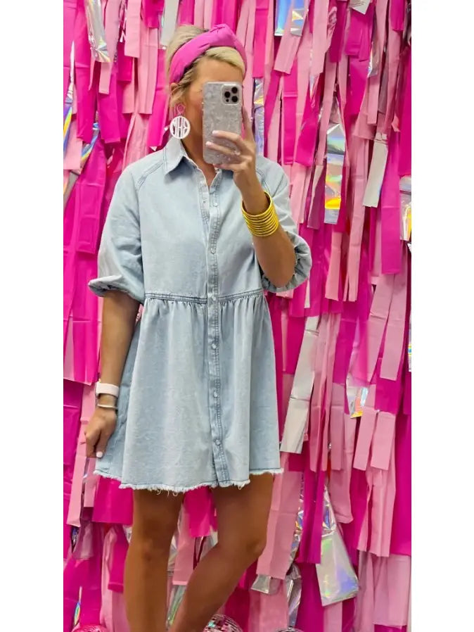 PUFF SLEEVE LIGHT DENIM DRESS