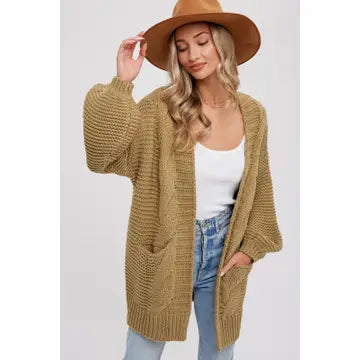 CHUNKY CABLE SLEEVE CARDIGAN - OLIVE