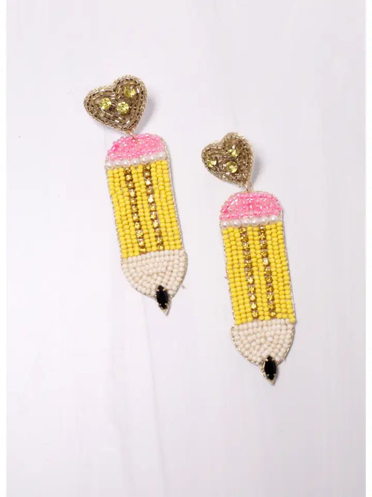 PENCIL EMBELLISHED EARRINGS - YELLOW