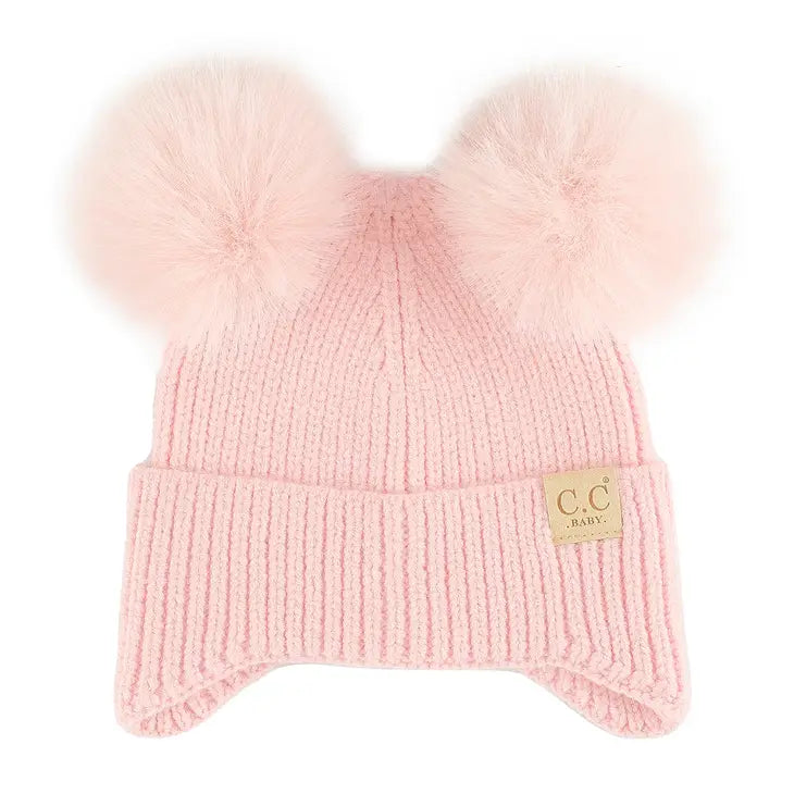 INFANT DOUBLE POM FAUX FUR BEANIE W/ EARFLAP - LIGHT PINK