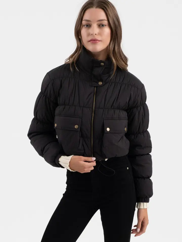 CROPPED ZIP UP CARGO PUFFER JACKET - BLACK