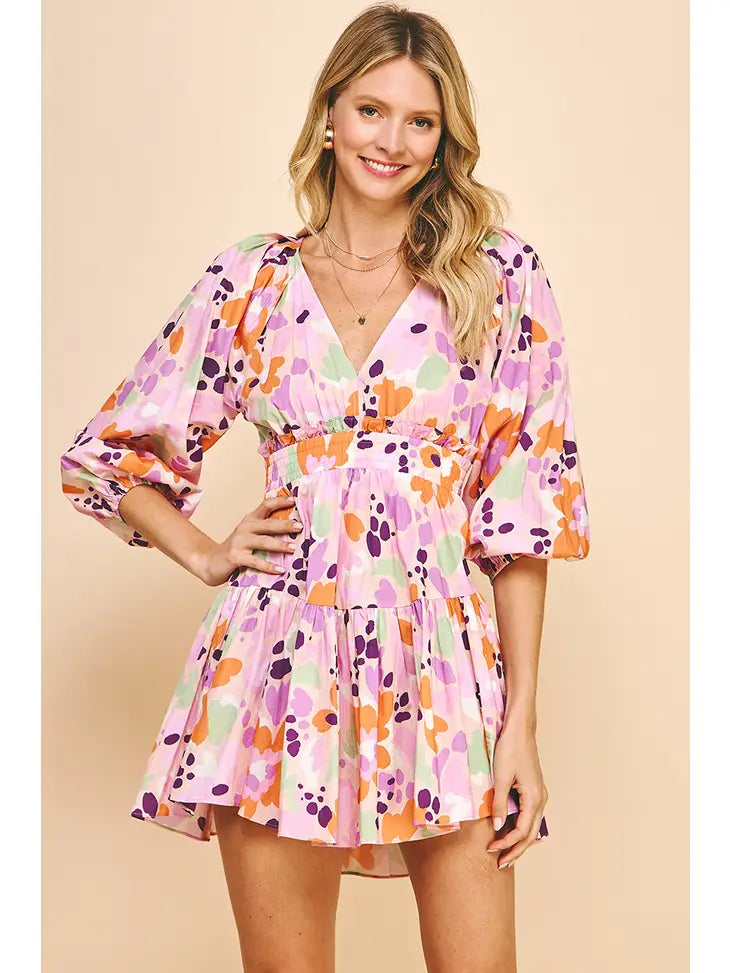 V NECK PRINT MINI DRESS - PINK MULTI