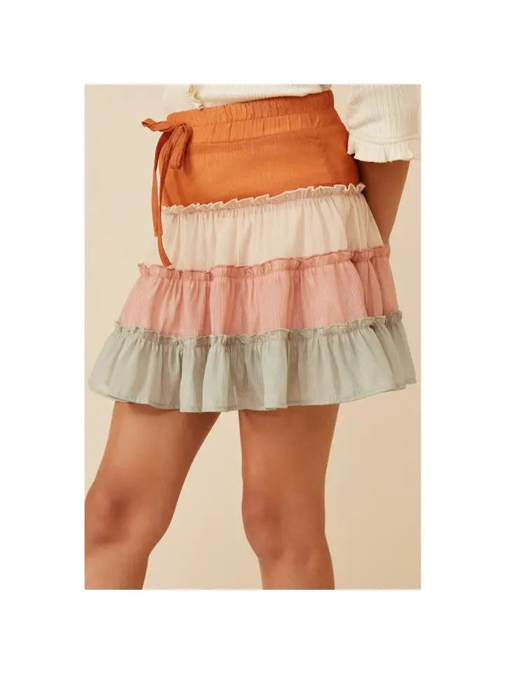 GIRLS DRAWSTRING COLORBLOCK SKIRT - BLUSH MIX