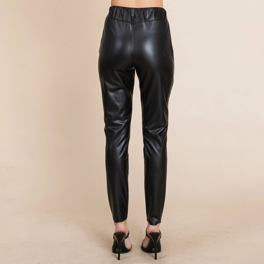 FAUX LEATHER FLEECE LINED PANTS - BLACK