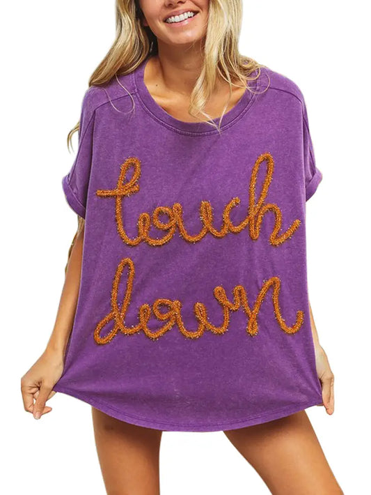 TOUCHDOWN METTALIC LETTER VINTAGE WASHED TOP - VIOLET