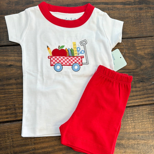 BOYS SCHOOL WAGON APPLIQUE SHORT SET