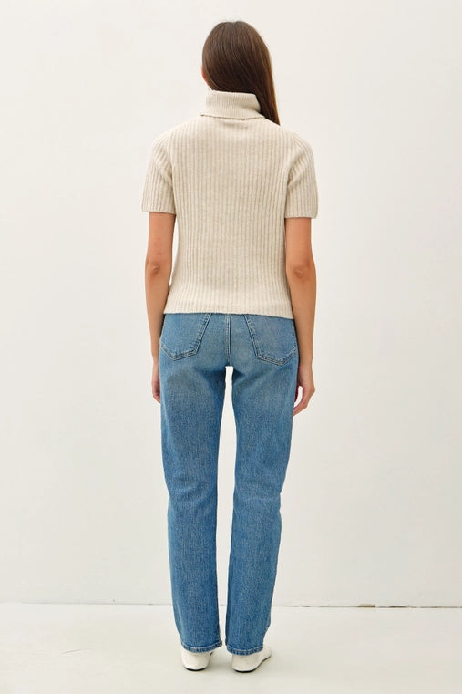 RIBBED WOOL TURTLENECK SHORT SLEEVE SWEATER - OATMEAL