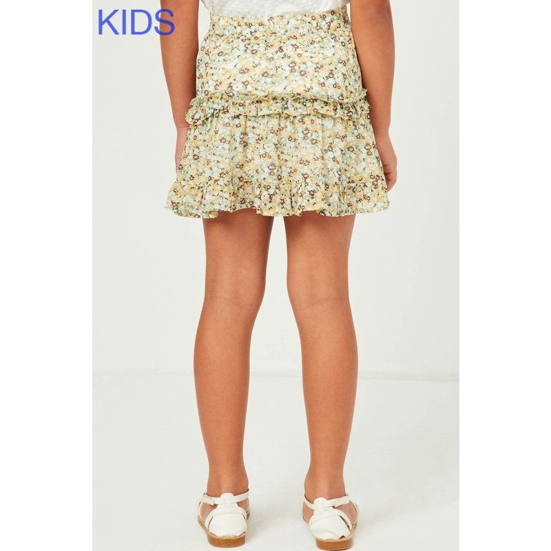 GIRLS DITSY FLORAL RUFFLE TIERED SKIRT - SAGE