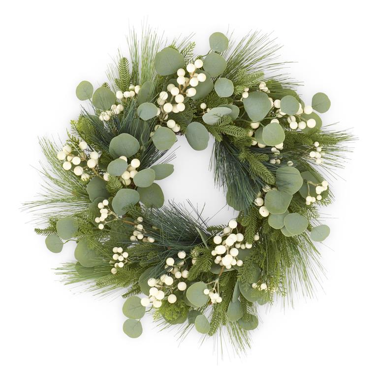 22 INCH LONG NEEDLE PINE EUCALYPTUS & WHITE BERRY WREATH