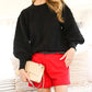 TEXTURED PUFF SLEEVE KNITTED SWEATER TOP - BLACK