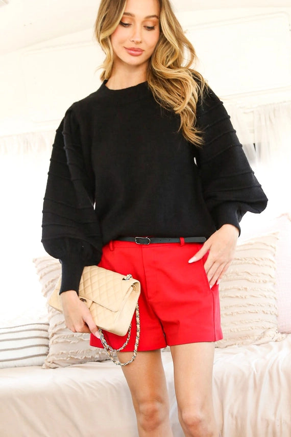 TEXTURED PUFF SLEEVE KNITTED SWEATER TOP - BLACK