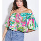 PRINTED WOVEN TOP - GREEN/PINK