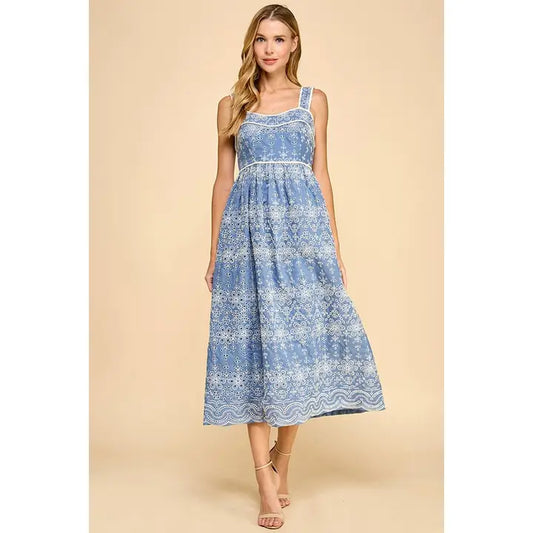 EMBROIDERED FLORAL EYELET MIDI DRESS - BLUE