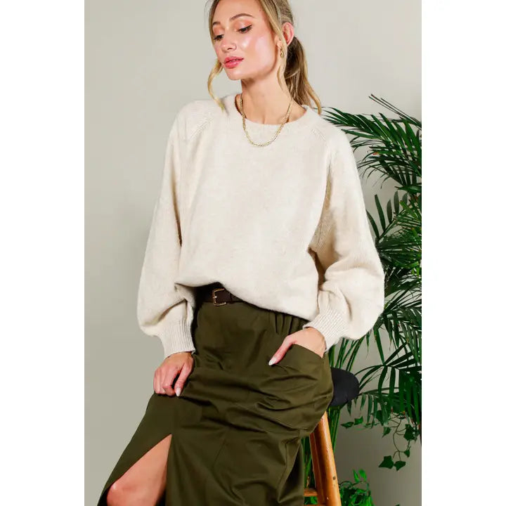 BALLOON SLEEVE SWEATER TOP - OATMEAL