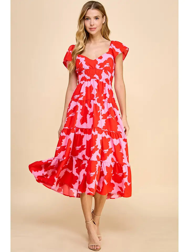 ABSTRACT PRINTED V-NECKLINE MIDI DRESS - RED