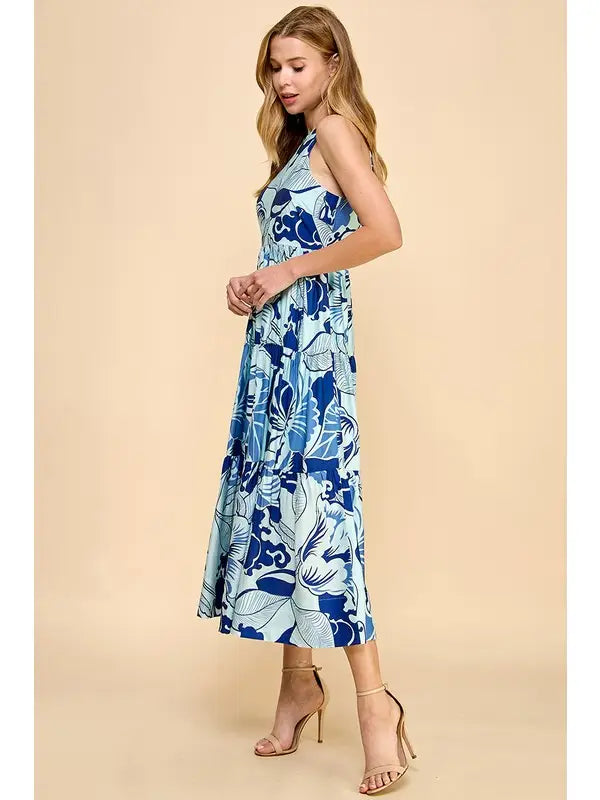 PRINTED TIERED MIDI DRESS - BLUE