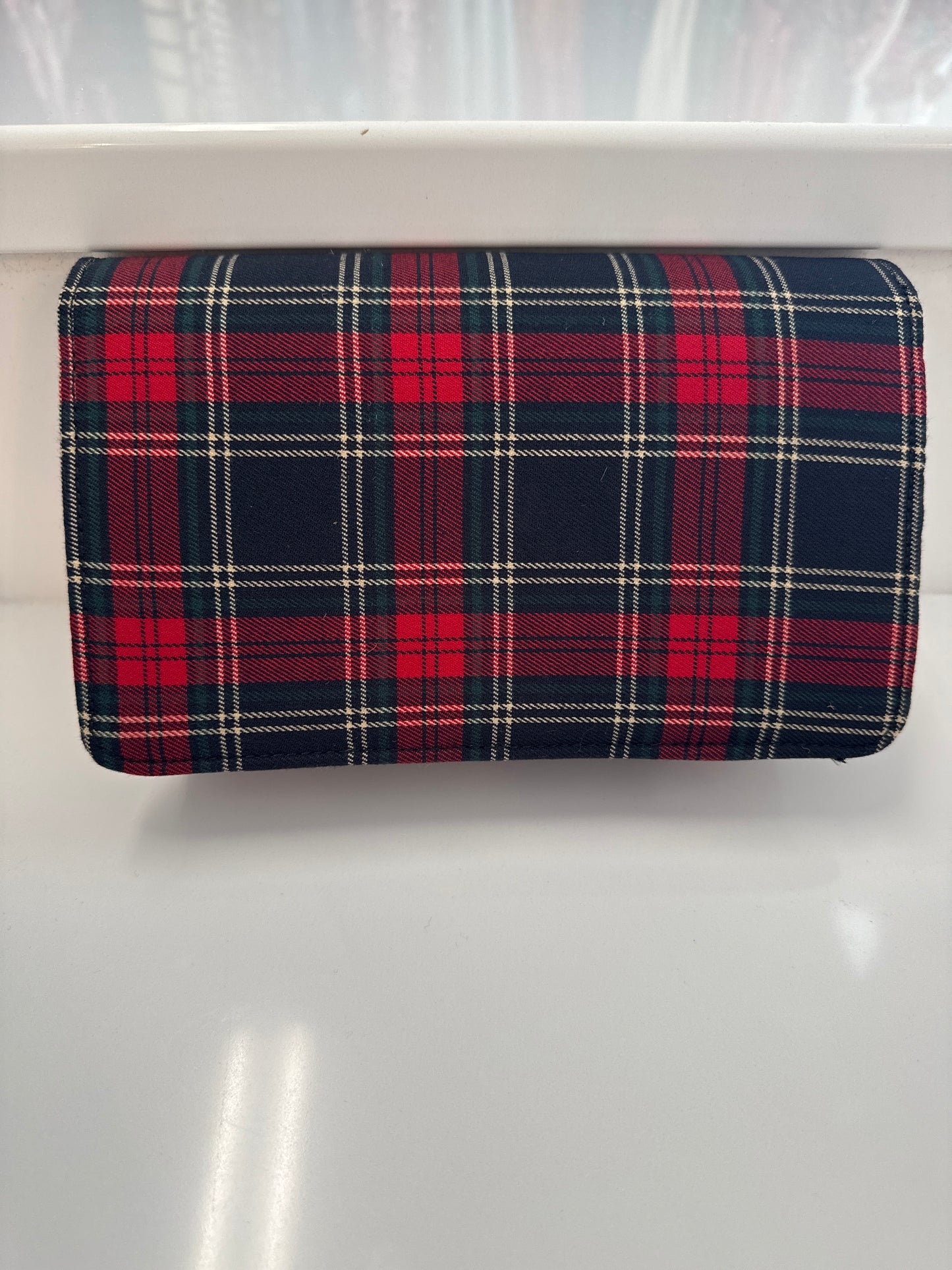 RUBY RED PLAID CLUTCH - BLACK RUFFLE BAND