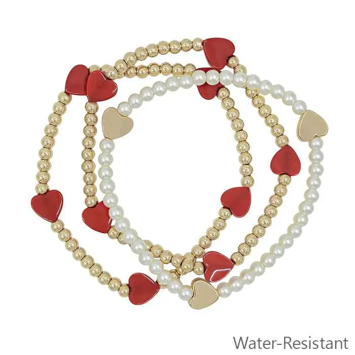 SET OF 3 BRACELETS - PEARL W/ RED HEART