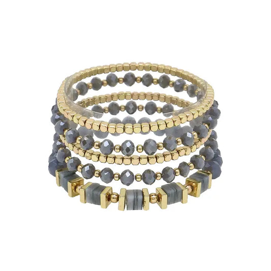 SET OF 5 STRETCH BRACELETS - GREY AND GOLD