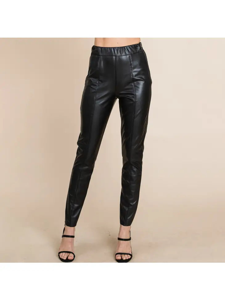 FAUX LEATHER FLEECE LINED PANTS - BLACK