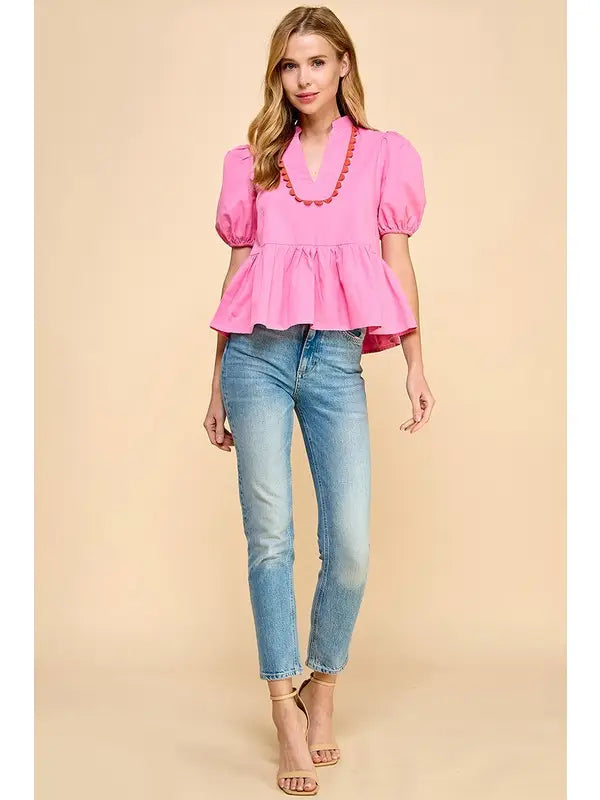 V NECKLINE PUFF SLEEVE TOP - PINK