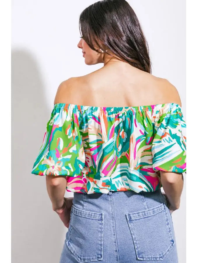 PRINTED WOVEN TOP - GREEN/PINK