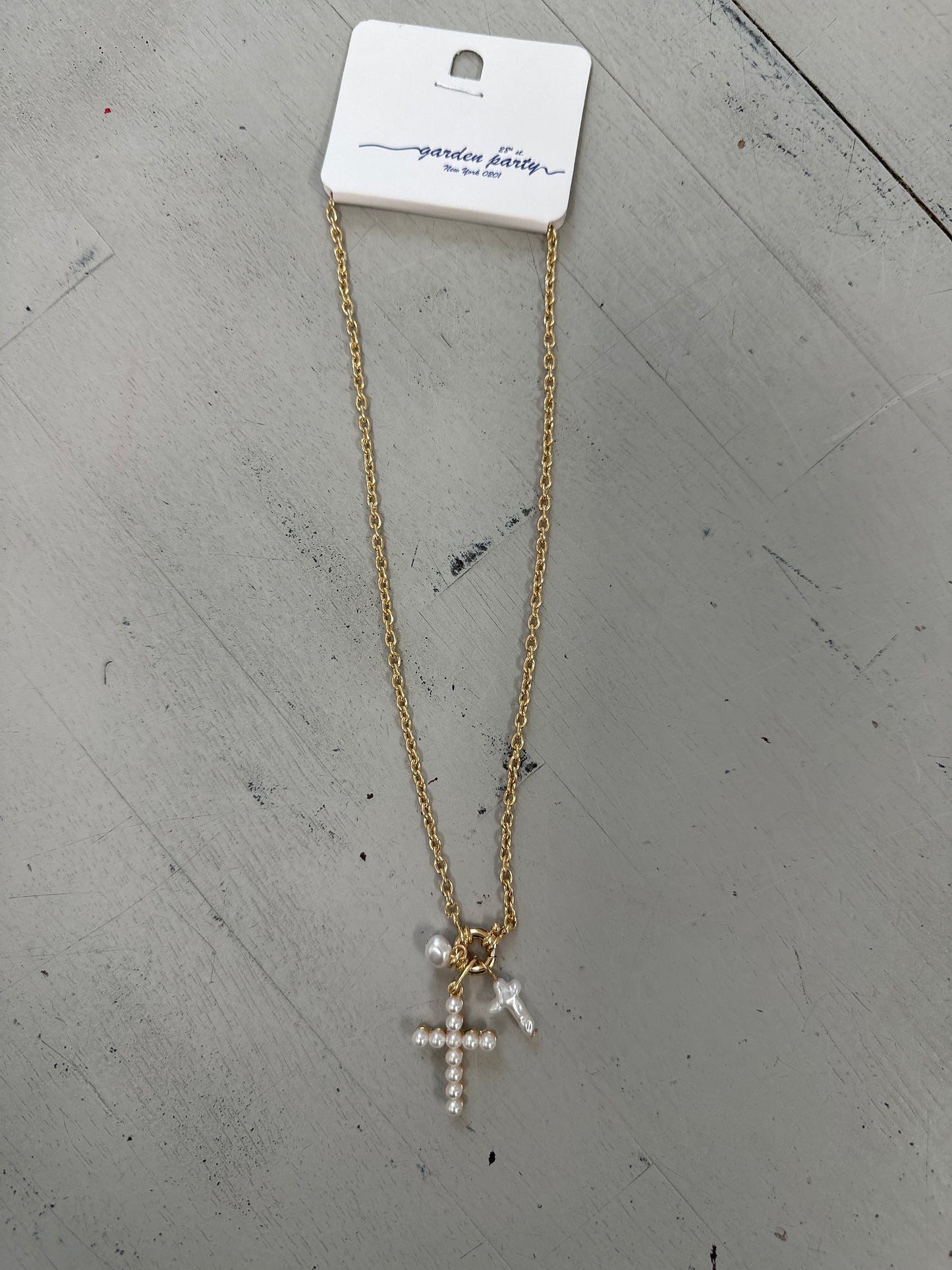 PEARL CROSS NECKLACE 16" - 18" - GOLD