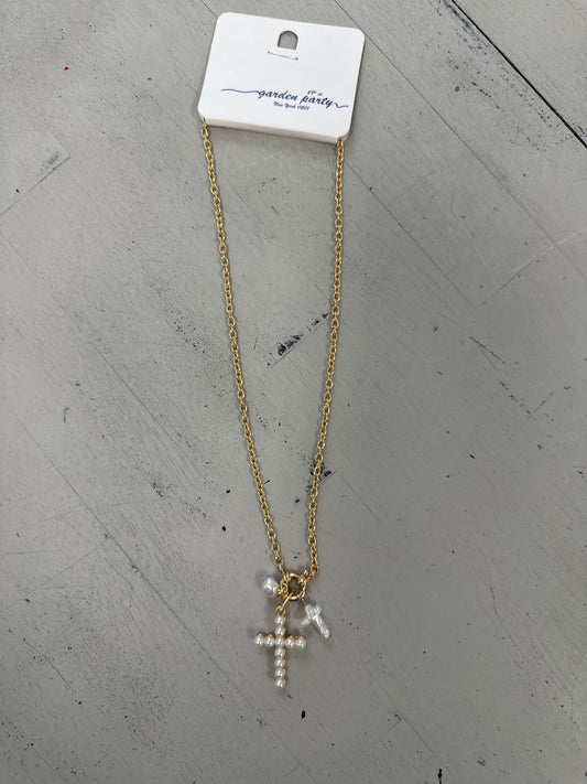 PEARL CROSS NECKLACE 16" - 18" - GOLD