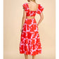 ABSTRACT PRINTED V-NECKLINE MIDI DRESS - RED