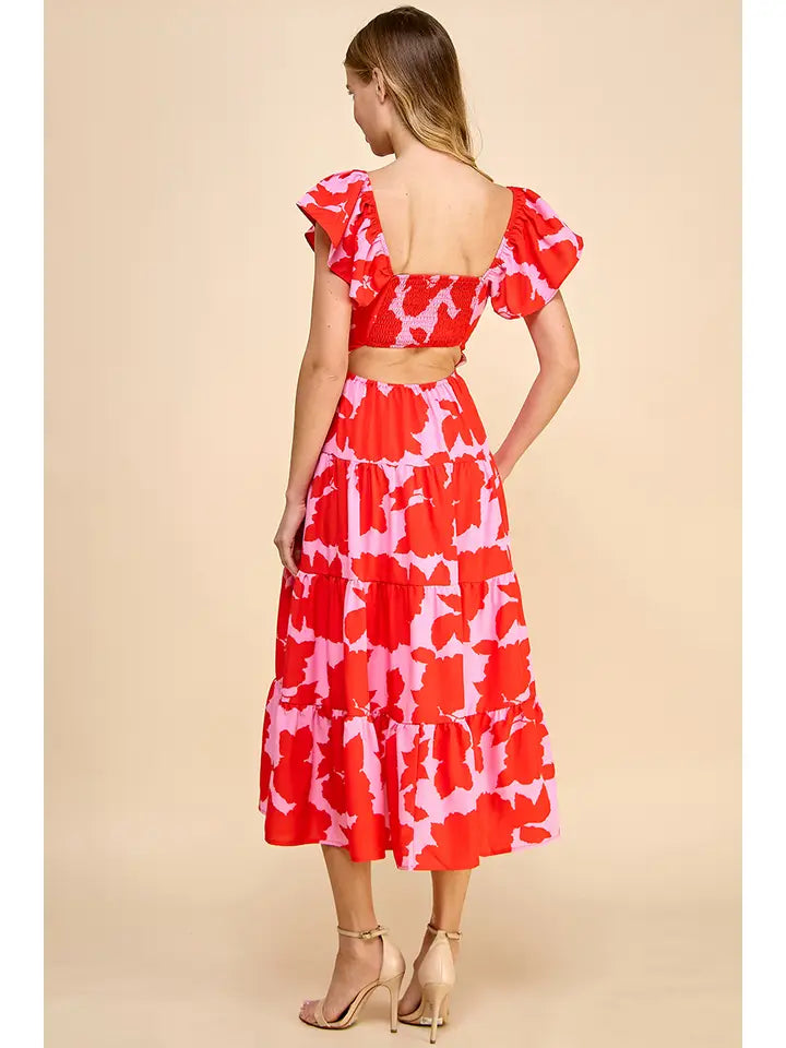 ABSTRACT PRINTED V-NECKLINE MIDI DRESS - RED