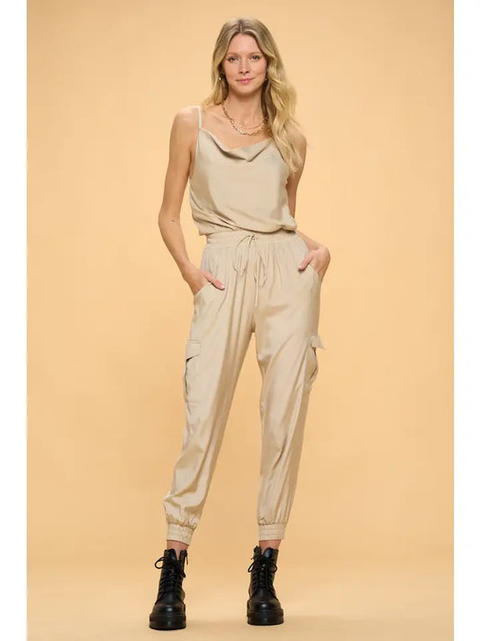 COWL NECK SLEEVELESS JUMPSUIT - SAND